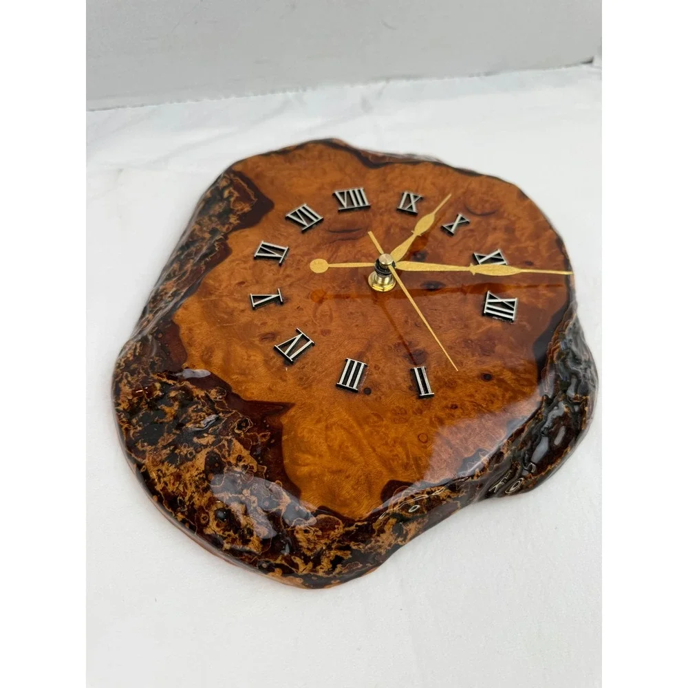 Vintage Live Edge Wood Burl Wall Clock Glossy Resin Roman Numeral Quartz Rustic‎